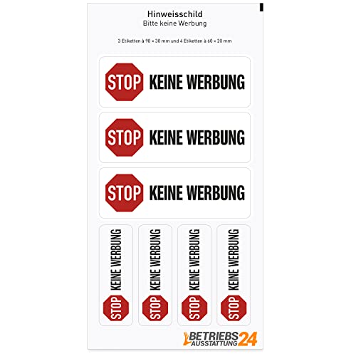 Betriebsausstattung24 7 x STOP keine Werbung Aufkleber - PROTECT-Folie, selbstklebend - 3 Stk. 9,0 x 3,0 cm / 4 Stk. 6,0 x 2,0 cm - Kratz- & abriebfest - Farbe:weiß Für Innen & Außen von Betriebsausstattung24