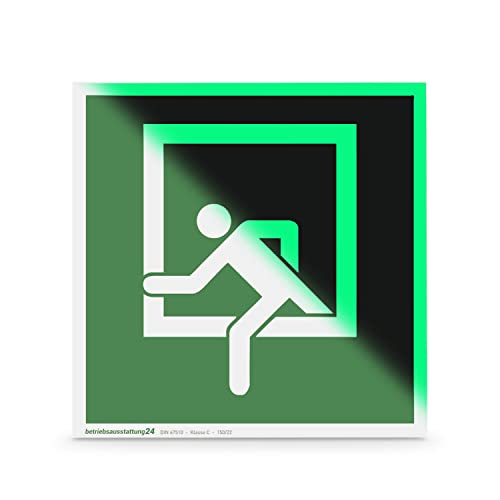 Betriebsausstattung24 Notausstieg Schild - Hart-PVC - langnachleuchtend, selbstklebend - 15 x 15 cm - Symbol Schild l DIN 67510 Klasse C - Leuchtdichte 150 mcd - Fluchtwegschild von Betriebsausstattung24