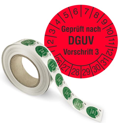 Prüfplakette „Geprüft nach DGUV Vorschrift“ - 2026-2031 - Papier, selbstklebend Ø 2,0 cm - leuchtrot/schwarz - Rolle mit 1000 Stück - Mehrjahresprüfplakette - Betriebsausstattung24® von Betriebsausstattung24