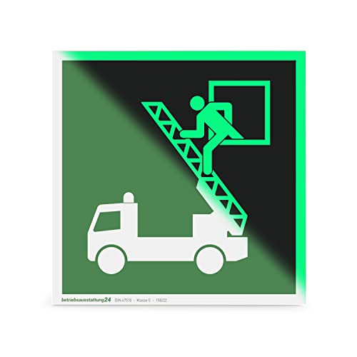 Betriebsausstattung24 Fluchtwegschild Rettungsausstieg - Hart-PVC - langnachleuchtend & selbstklebend - Größe: 20 x 20 cm - Symbol Schild DIN 67510 Klasse C - Leuchtdichte 150 mcd - Rettungsfenster von Betriebsausstattung24