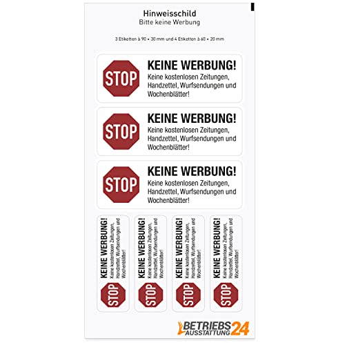 Stop Keine Werbung! Keine kostenlosen Zeitungen, Handzettel Aufkleber - PROTECT-Folie, selbstklebend - 3 Stk. 9,0 x 3,0 cm / 4 Stk. 6,0 x 2,0 cm - Kratz- & abriebfest - Farbe:weiß Für Innen & Außen von Betriebsausstattung24