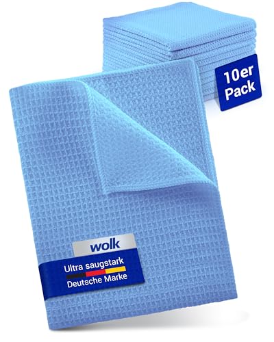 wolk Waffeltücher - Mikrofasertuch mit Waffelstruktur - 10 Stück - Größe: 38 x 38 cm - Farbe: blau - Lappen, Reinigungstücher, Putztücher - Bad, Küche, Gastronomie von wolk