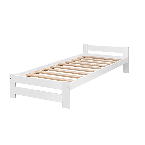 Holzbett Einzelbett 90 cm x 200 cm Weiß Natur Massive Füße Einzelbett Doppelbett Bettgestell mit Lattenrost/Rollrost aus Kiefernholz, ohne Matratze schneller Versand von Bett