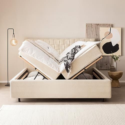 Bett mit Bettkasten 180x200 Barcelo Teddystoff, mit Matratze, Lattenrost, XXL Stauraum, Designer Polsterbett, Doppelbett, Aufbau KOSTENLOS (Creme, 180x200 cm mit Matratze) von BettCo