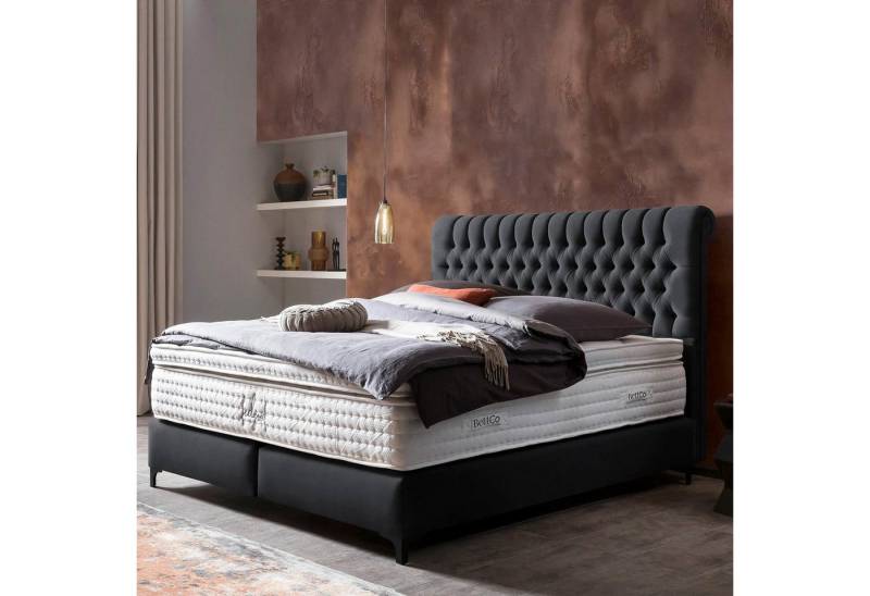 BettCo Boxspringbett Chester (140 x 200 cm, in Schwarz Velours), Chesterfield-Design + optionaler Topper, Schwarze Metallfüße von BettCo