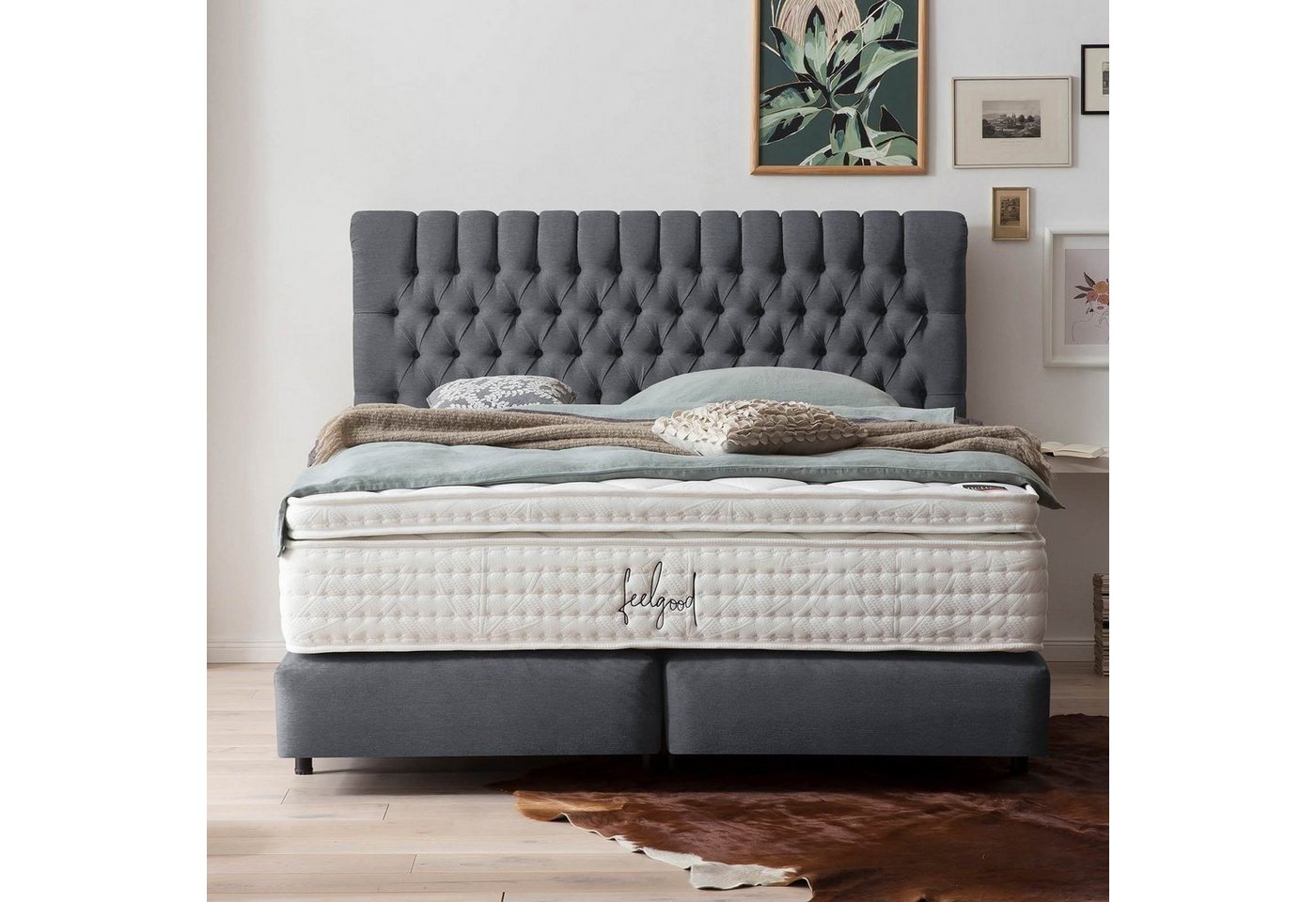 BettCo Boxspringbett Chester (in Anthrazit Webstoff, 160 x 200 cm), Chesterfield-Design + optionaler Topper, Schwebeoptik von BettCo