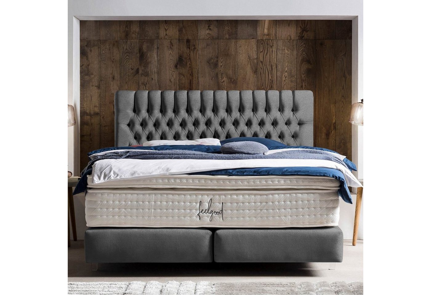 BettCo Boxspringbett Chester (in Dunkelgrau Samt, 200 x 200 cm), Chesterfield-Design, Acryl-Füße von BettCo