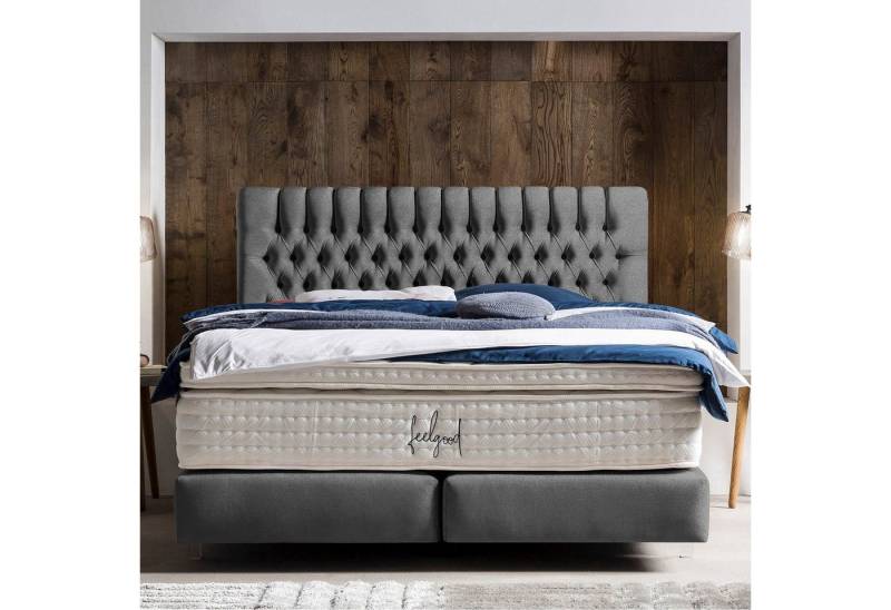 BettCo Boxspringbett Chester (in Dunkelgrau Samt, 200 x 200 cm), Chesterfield-Design, Acryl-Füße von BettCo