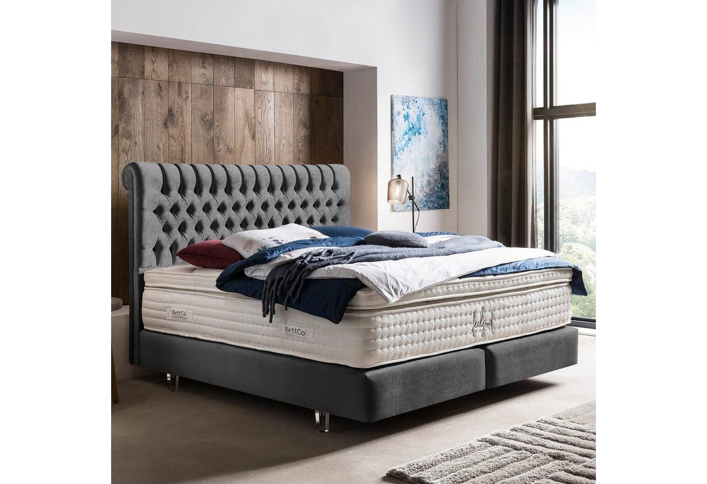 BettCo Boxspringbett Chester (in Dunkelgrau Samt, 200 x 200 cm), Chesterfield-Design, Acryl-Füße von BettCo