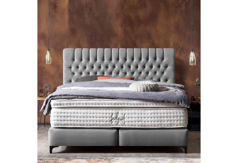 BettCo Boxspringbett Chester (in Grau Velours, 160 x 200 cm), Chesterfield-Design + optionaler Topper, Schwarze Metallfüße von BettCo