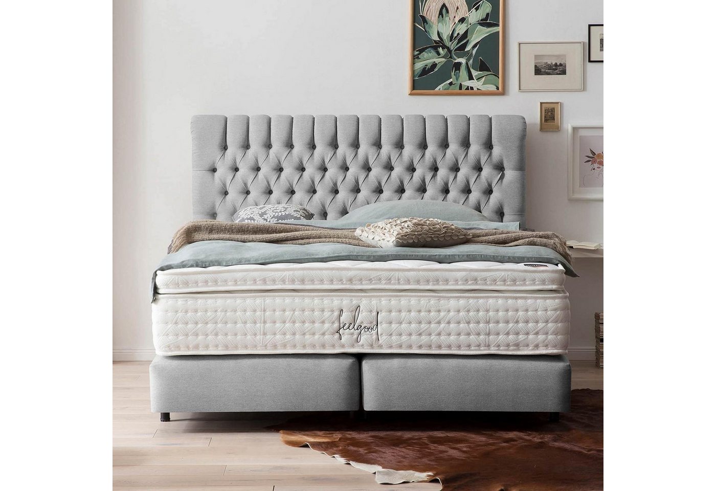 BettCo Boxspringbett Chester (in Hellgrau Webstoff, 140 x 200 cm), Chesterfield-Design + optionaler Topper, Schwebeoptik von BettCo