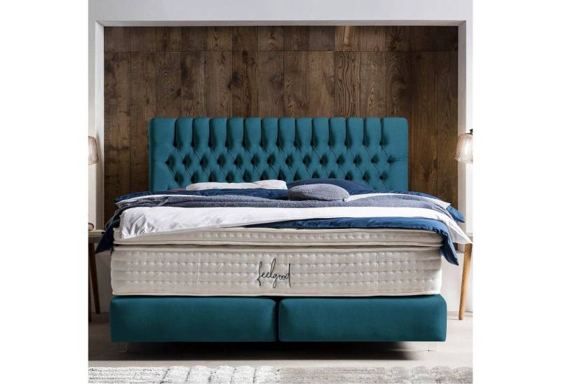 BettCo Boxspringbett Chester (in Petrol Samt, 160 x 200 cm), Chesterfield-Design, Acryl-Füße von BettCo