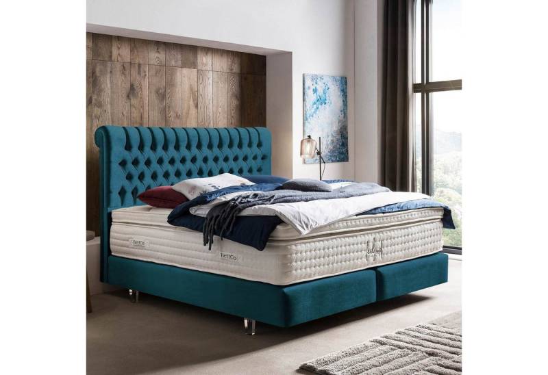 BettCo Boxspringbett Chester (in Petrol Samt, 160 x 200 cm), Chesterfield-Design, Acryl-Füße von BettCo