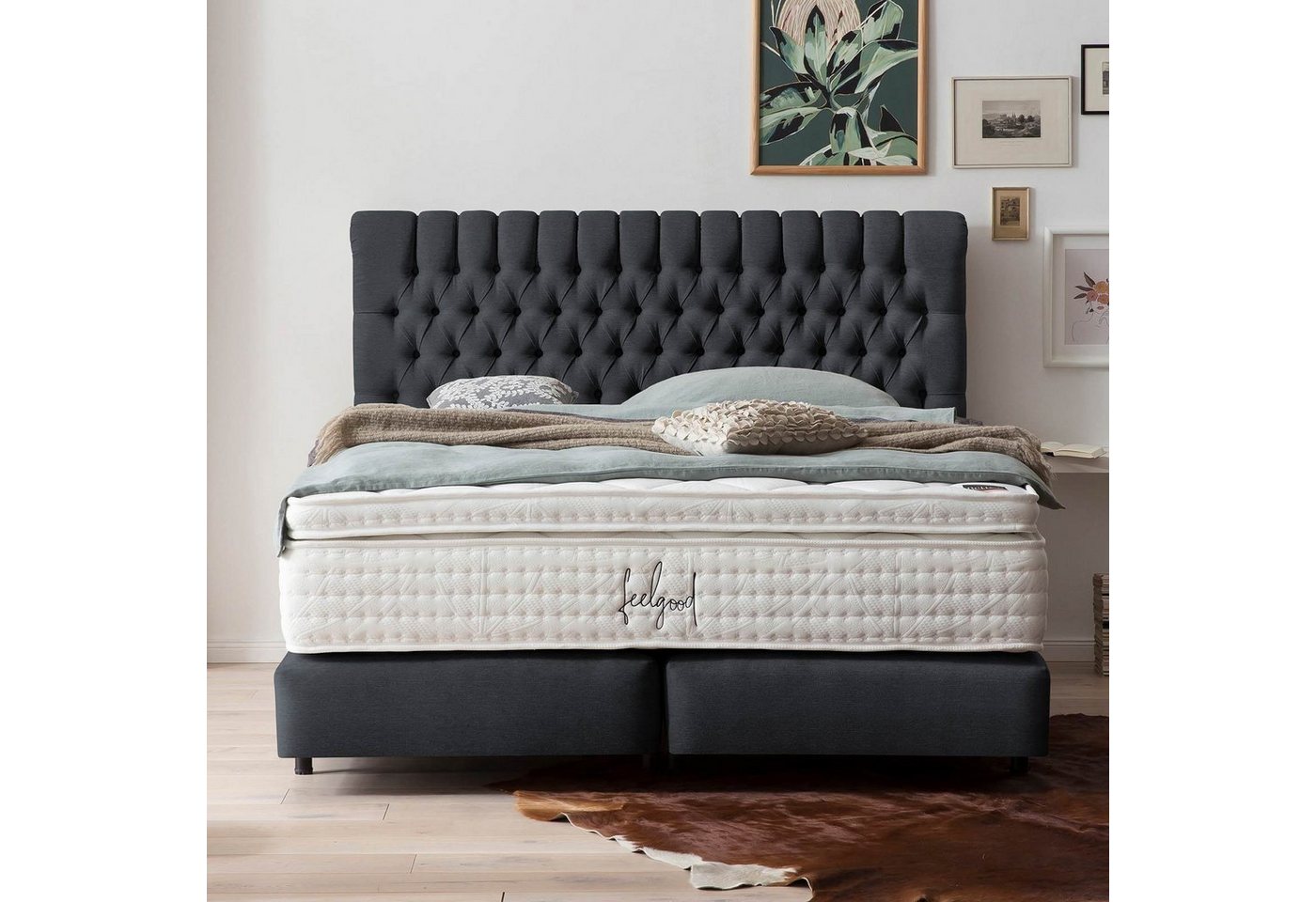 BettCo Boxspringbett Chester (in Schwarz Webstoff, 140 x 200 cm), Chesterfield-Design + optionaler Topper, Schwebeoptik von BettCo