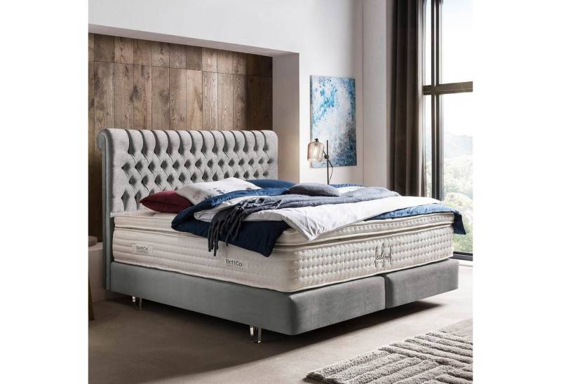 BettCo Boxspringbett Chester (in Silber Samt, 160 x 200 cm), Chesterfield-Design, Acryl-Füße von BettCo
