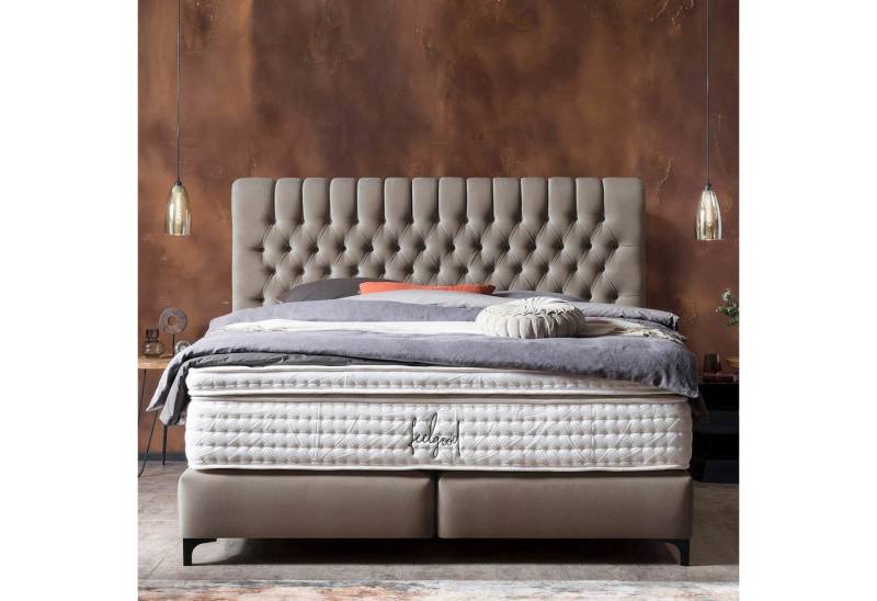 BettCo Boxspringbett Chester (in Taupe Velours, 200 x 200 cm), Chesterfield-Design + optionaler Topper, Schwarze Metallfüße von BettCo