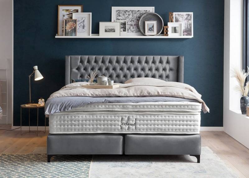 BettCo Boxspringbett Florida (in Dunkelgrau Velours, 160 x 200 cm), Kopfteil mit Ohren, Topper optional, Metallfüße von BettCo