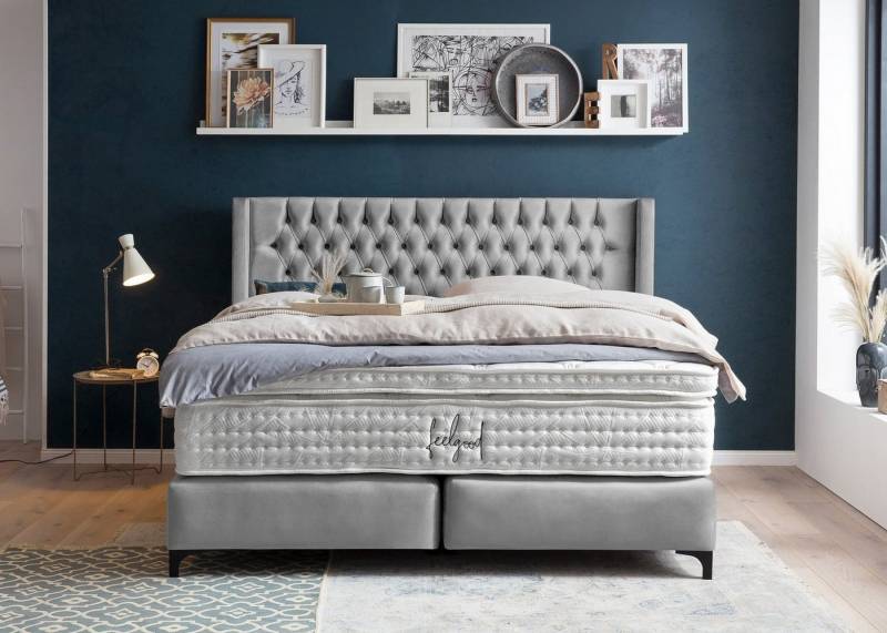 BettCo Boxspringbett Florida (in Grau Velours, 160 x 200 cm), Kopfteil mit Ohren, Topper optional, Metallfüße von BettCo