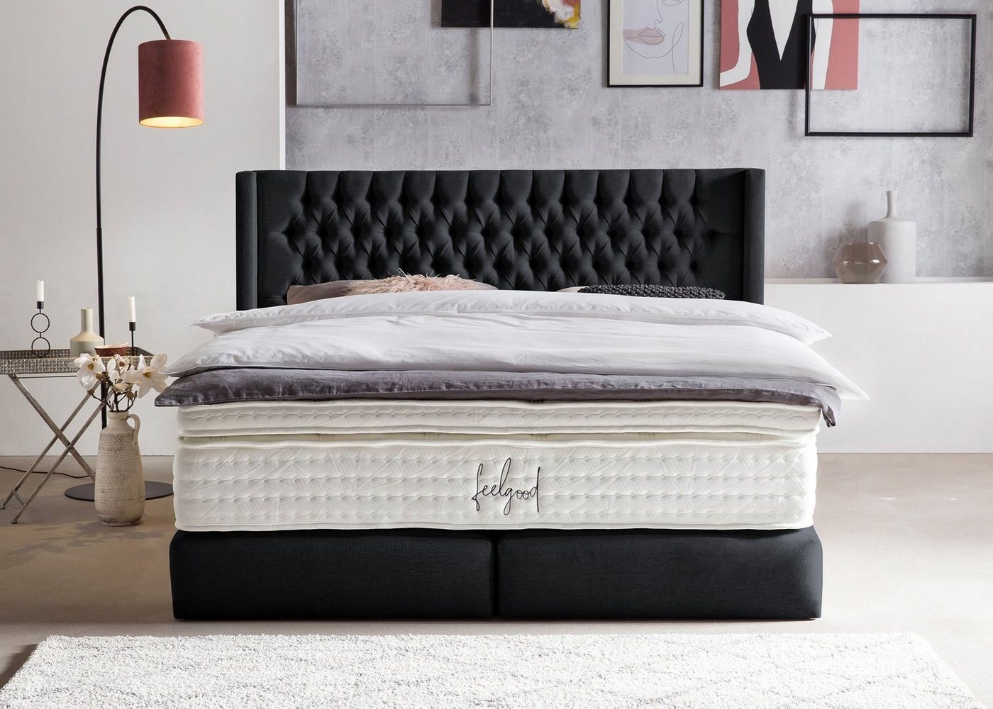 BettCo Boxspringbett Florida (in Schwarz Webstoff, 140 x 200 cm), Kopfteil mit Ohren + optionaler Topper, Gleiterfüße von BettCo