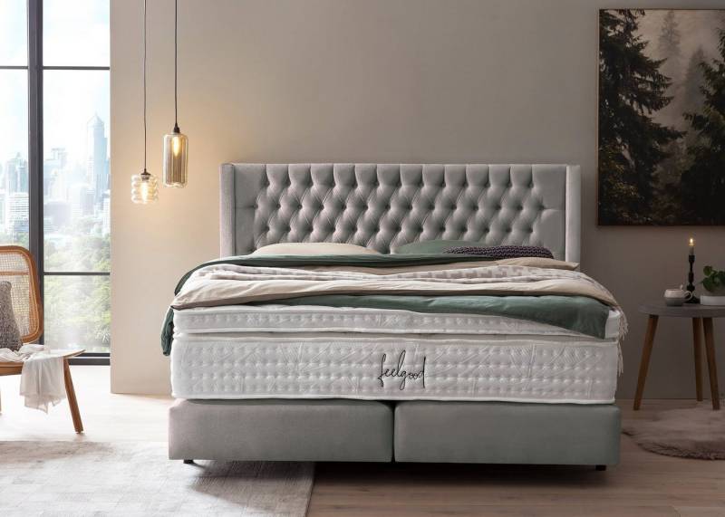 BettCo Boxspringbett Florida (in Silber Samt, 140 x 200 cm), Kopfteil mit Ohren, Topper optional, Schwebeoptik von BettCo