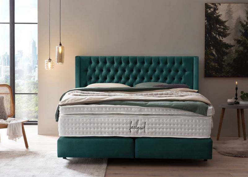 BettCo Boxspringbett Florida (in Smaragd Samt, 160 x 200 cm), Kopfteil mit Ohren, Topper optional, Schwebeoptik von BettCo