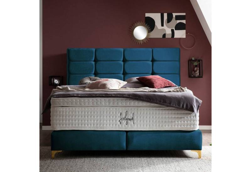 BettCo Boxspringbett Kansas (140 x 200 cm, in Petrol Samt), Kachel-Design, Topper optional, Füße Gold-Optik von BettCo