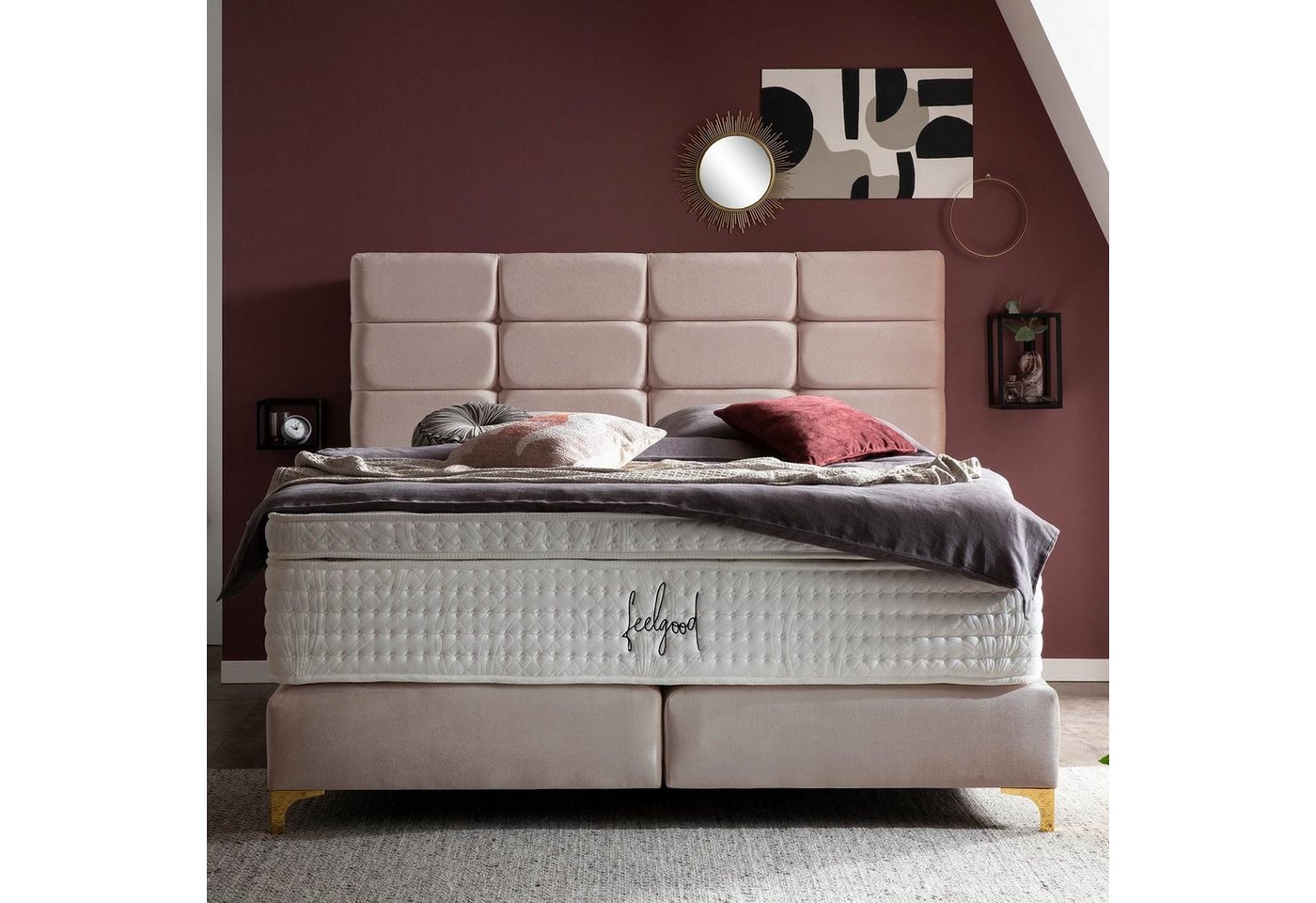 BettCo Boxspringbett Kansas (140 x 200 cm, in Rose Samt), Kachel-Design + optionaler Topper, Füße in Gold-Optik von BettCo