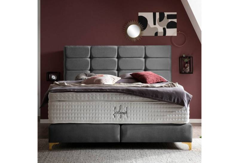 BettCo Boxspringbett Kansas (160 x 200 cm, in Dunkelgrau Samt), Kachel-Design, Topper optional, Füße Gold-Optik von BettCo