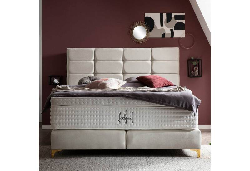 BettCo Boxspringbett Kansas (200 x 200 cm, in Creme Samt), Kachel-Design, Topper optional, Füße Gold-Optik von BettCo