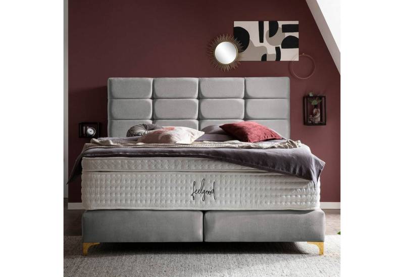 BettCo Boxspringbett Kansas (200 x 200 cm, in Silber Samt), Kachel-Design, Topper optional, Füße Gold-Optik von BettCo