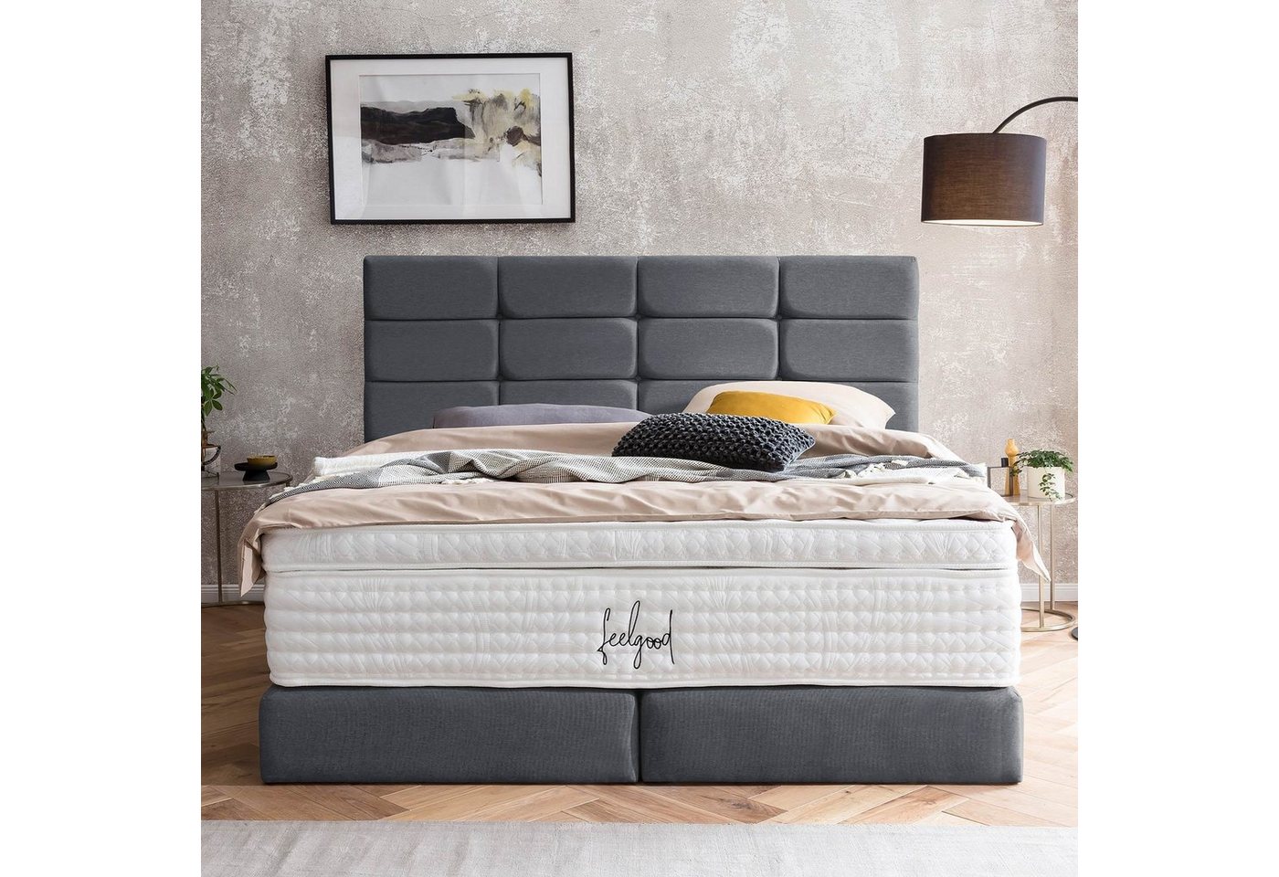 BettCo Boxspringbett Kansas (in Anthrazit Webstoff, 140 x 200 cm), Kachel-Design + optionaler Topper, Gleiterfüße von BettCo