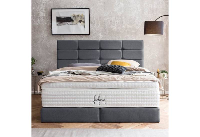 BettCo Boxspringbett Kansas (in Anthrazit Webstoff, 160 x 200 cm), Kachel-Design + optionaler Topper, Gleiterfüße von BettCo