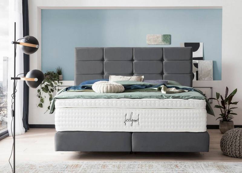 BettCo Boxspringbett Kansas (in Dunkelgrau Velours, 200 x 200 cm), Kachel-Design, Topper optional, Acryl-Füße von BettCo