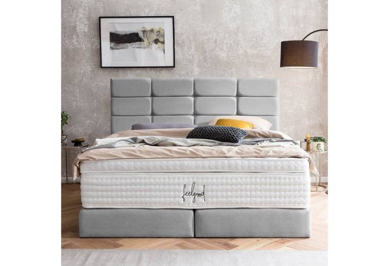 BettCo Boxspringbett Kansas (in Hellgrau Webstoff, 200 x 200 cm), Kachel-Design, Topper optional, Gleiterfüße von BettCo