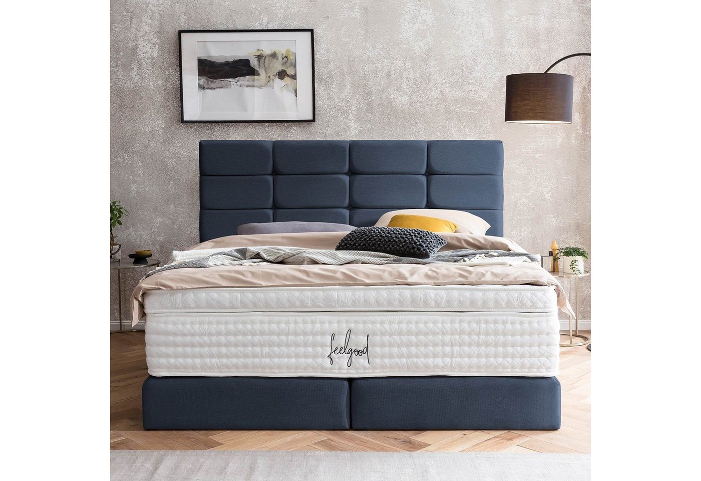 BettCo Boxspringbett Kansas (in Marine Webstoff, 140 x 200 cm), Kachel-Design + optionaler Topper, Gleiterfüße von BettCo