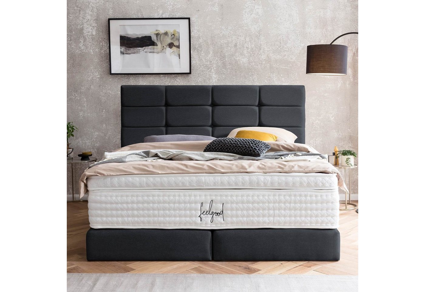 BettCo Boxspringbett Kansas (in Schwarz Webstoff, 160 x 200 cm), Kachel-Design + optionaler Topper, Gleiterfüße von BettCo