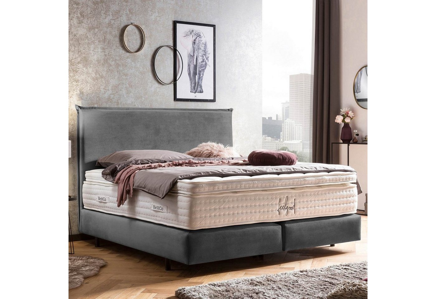 BettCo Boxspringbett London (140 x 200 cm, in Dunkelgrau Samt), Zeitloses-Design mit Biese + optionaler Topper, Schwebeoptik von BettCo