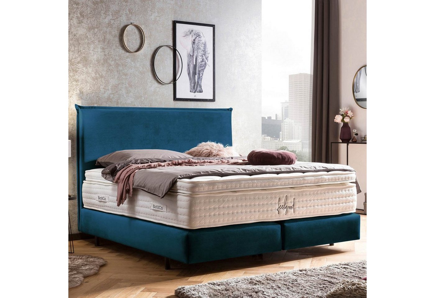 BettCo Boxspringbett London (140 x 200 cm, in Petrol Samt), Zeitloses-Design mit Biese + optionaler Topper, Schwebeoptik von BettCo