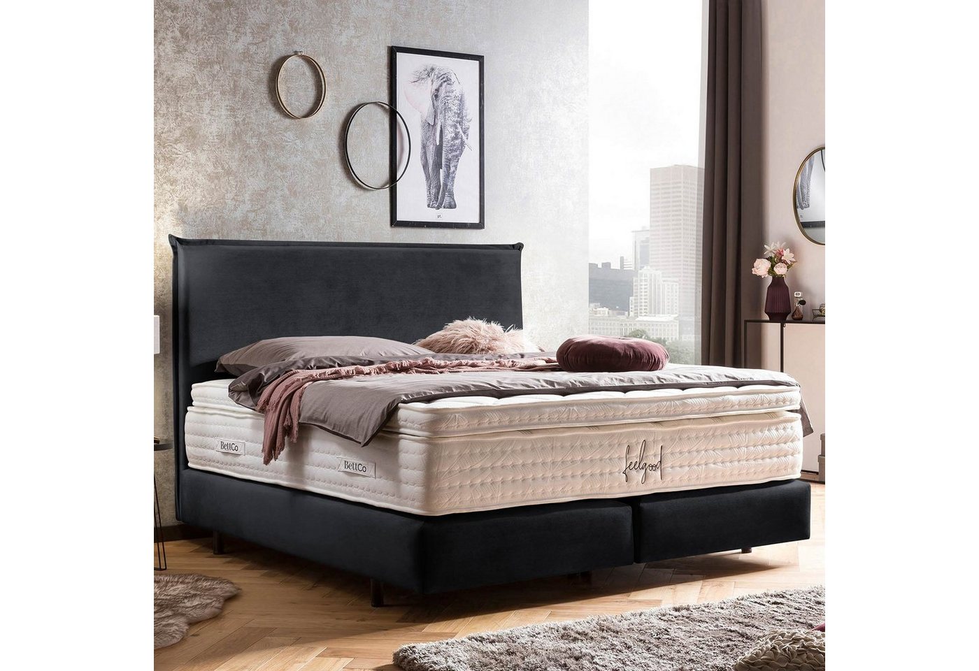 BettCo Boxspringbett London (140 x 200 cm, in Schwarz Samt), Zeitloses-Design mit Biese + optionaler Topper, Schwebeoptik von BettCo