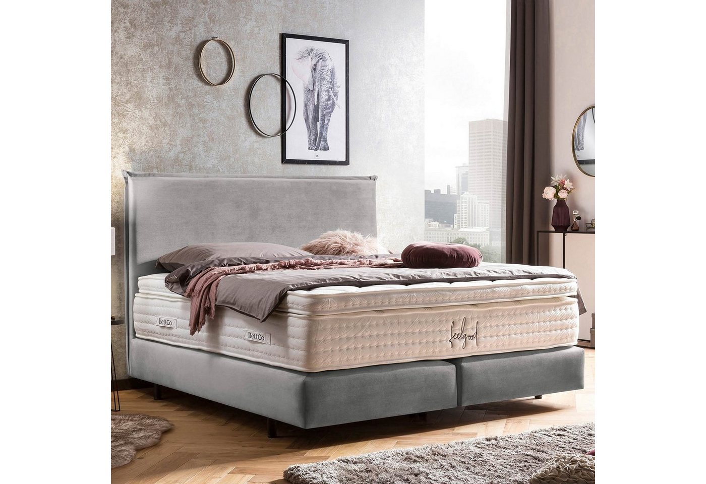 BettCo Boxspringbett London (140 x 200 cm, in Silber Samt), Zeitloses-Design mit Biese + optionaler Topper, Schwebeoptik von BettCo