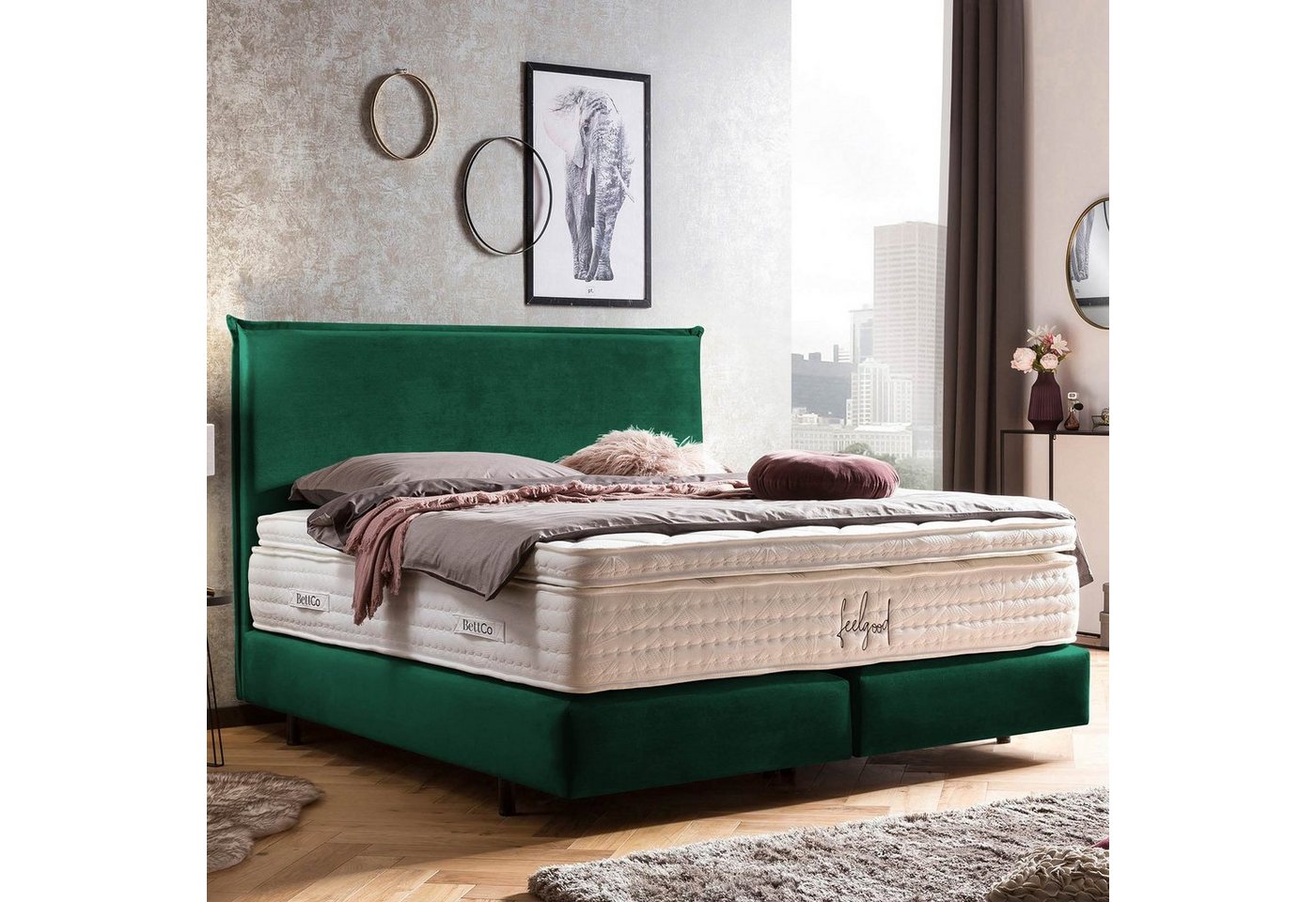 BettCo Boxspringbett London (140 x 200 cm, in Smaragd Samt), Zeitloses-Design mit Biese + optionaler Topper, Schwebeoptik von BettCo