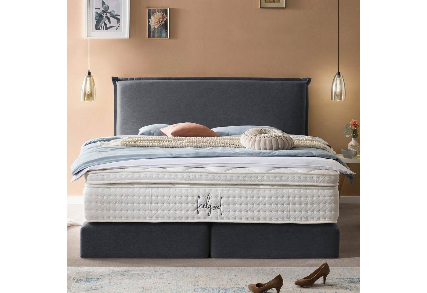 BettCo Boxspringbett London (in Anthrazit Webstoff, 160 x 200 cm), Zeitloses-Design mit Biese + optionaler Topper, Gleiterfüße von BettCo