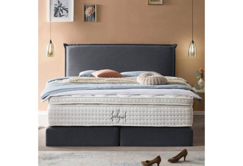 BettCo Boxspringbett London (in Anthrazit Webstoff, 180 x 200 cm), Kopfteil mit Biese, Topper optional, Gleiterfüße von BettCo