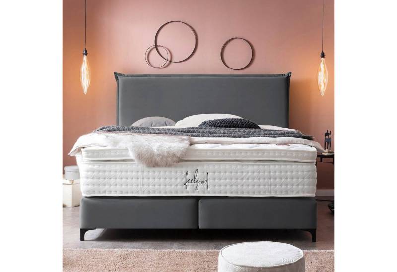 BettCo Boxspringbett London (in Dunkelgrau Velours, 140 x 200 cm), Kopfteil mit Biese,Topper optional, Metallfüße von BettCo