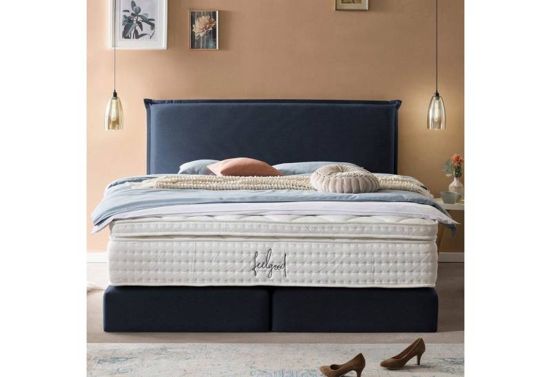 BettCo Boxspringbett London (in Marine Webstoff, 140 x 200 cm), Zeitloses-Design mit Biese + optionaler Topper, Gleiterfüße von BettCo