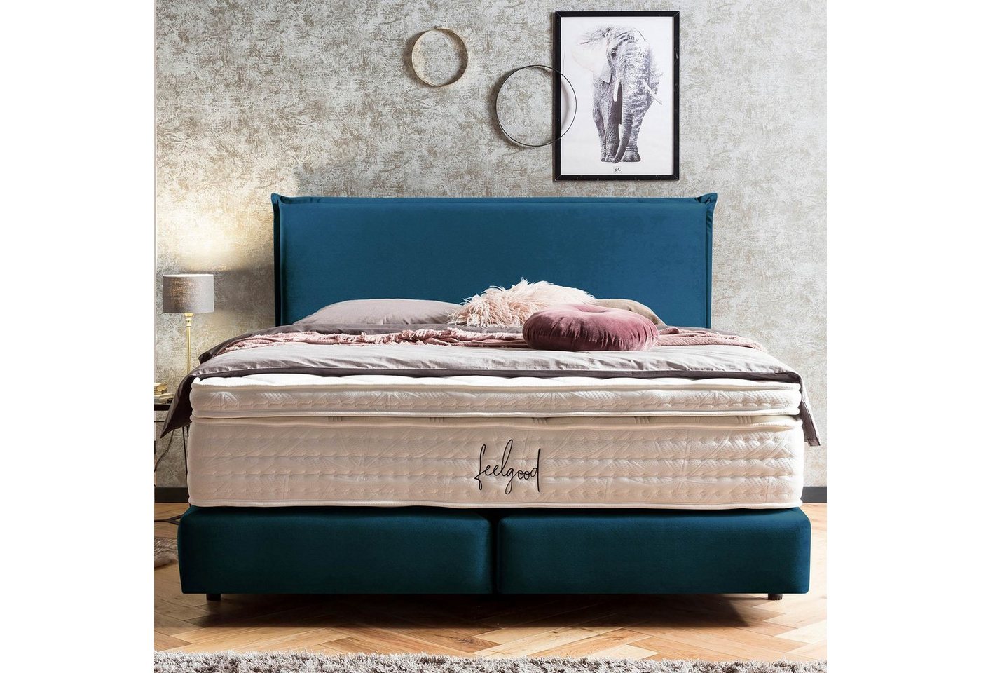 BettCo Boxspringbett London (in Petrol Samt, 140 x 200 cm), Zeitloses-Design mit Biese + optionaler Topper, Schwebeoptik von BettCo