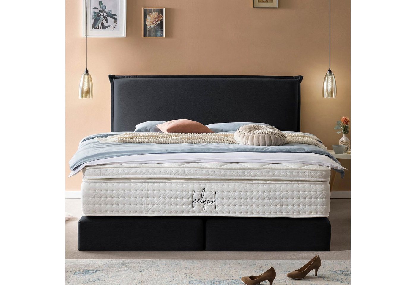 BettCo Boxspringbett London (in Schwarz Webstoff, 140 x 200 cm), Zeitloses-Design mit Biese + optionaler Topper, Gleiterfüße von BettCo