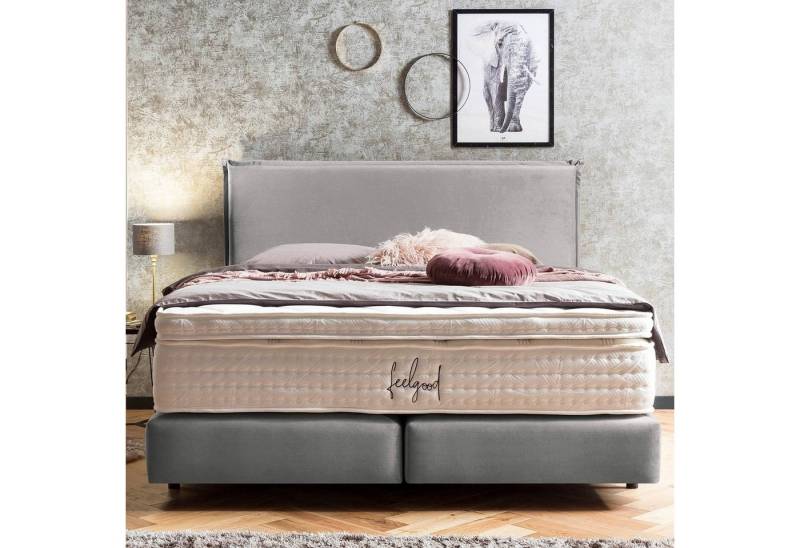 BettCo Boxspringbett London (in Silber Samt, 140 x 200 cm), Zeitloses-Design mit Biese + optionaler Topper, Schwebeoptik von BettCo