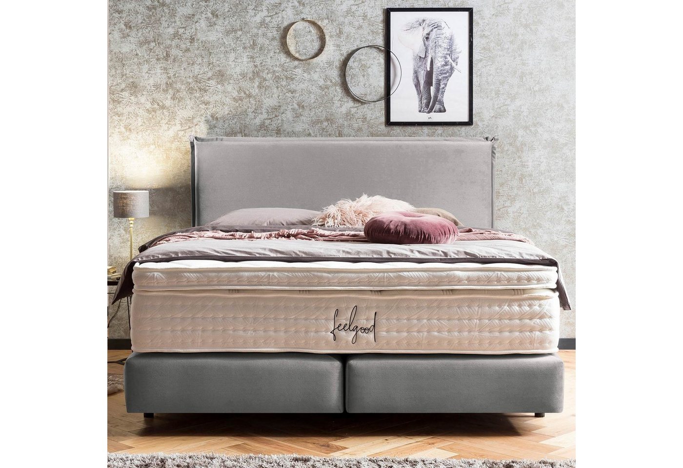 BettCo Boxspringbett London (in Silber Samt, 180 x 200 cm), Kopfteil mit Biese, Topper optional, Schwebeoptik von BettCo