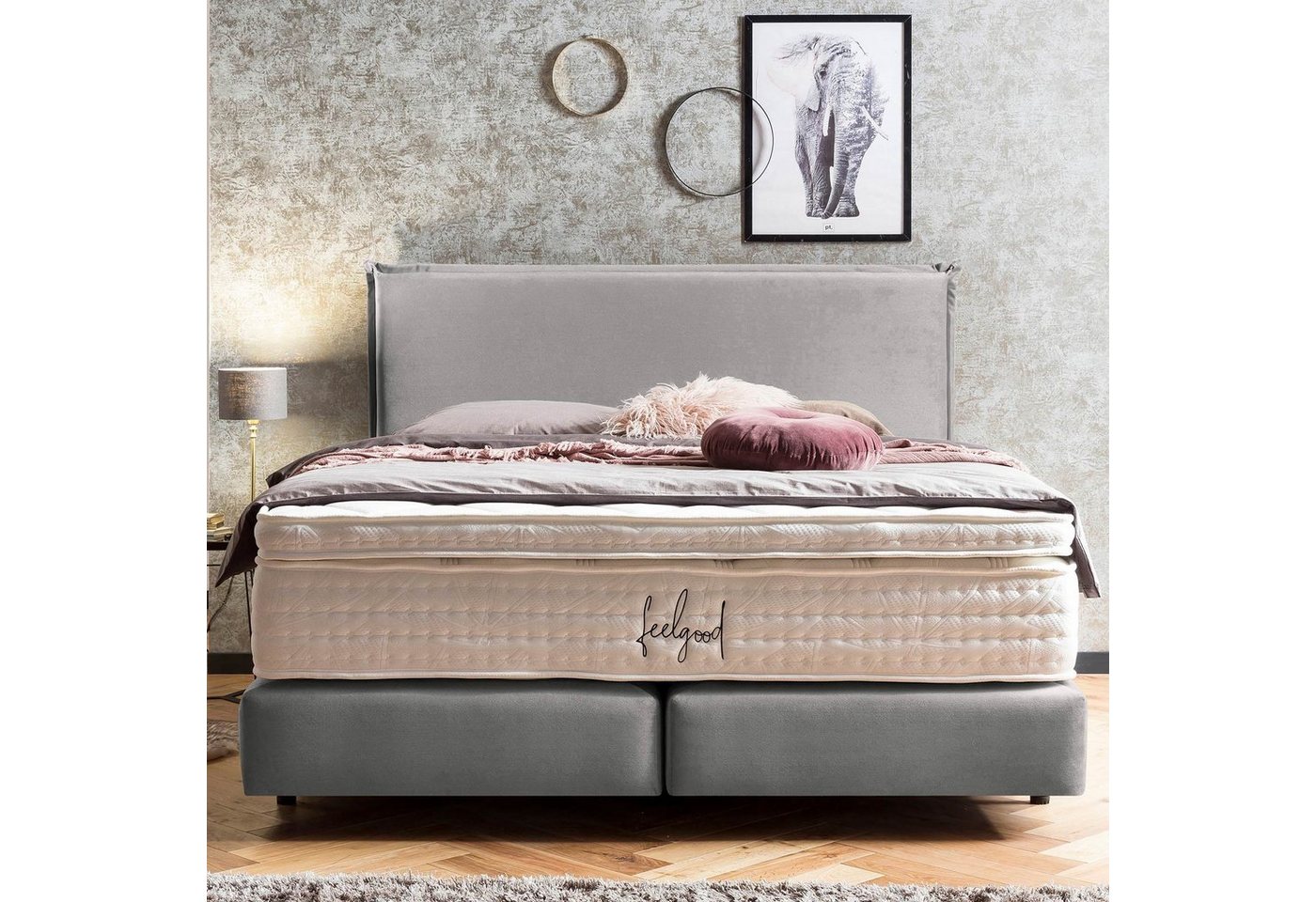 BettCo Boxspringbett London (in Silber Samt, 180 x 200 cm), Zeitloses-Design mit Biese + optionaler Topper, Schwebeoptik von BettCo